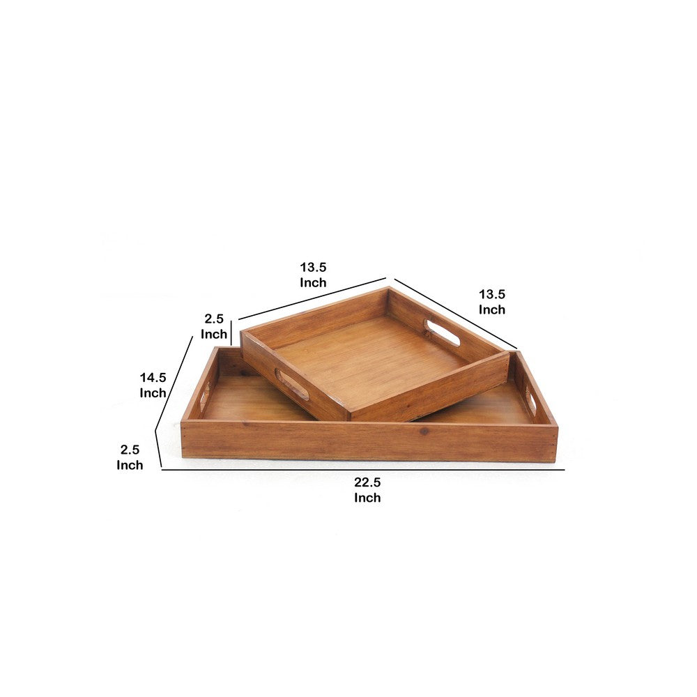 Rectangular Wooden Serving Tray with Cut Out Handles, Set of 2, Brown - BM217293
