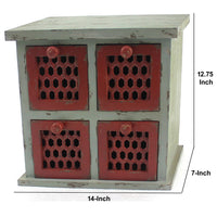 Wooden Table Top Organizer with 4 Drawers, Distressed Gray and Red - BM217294