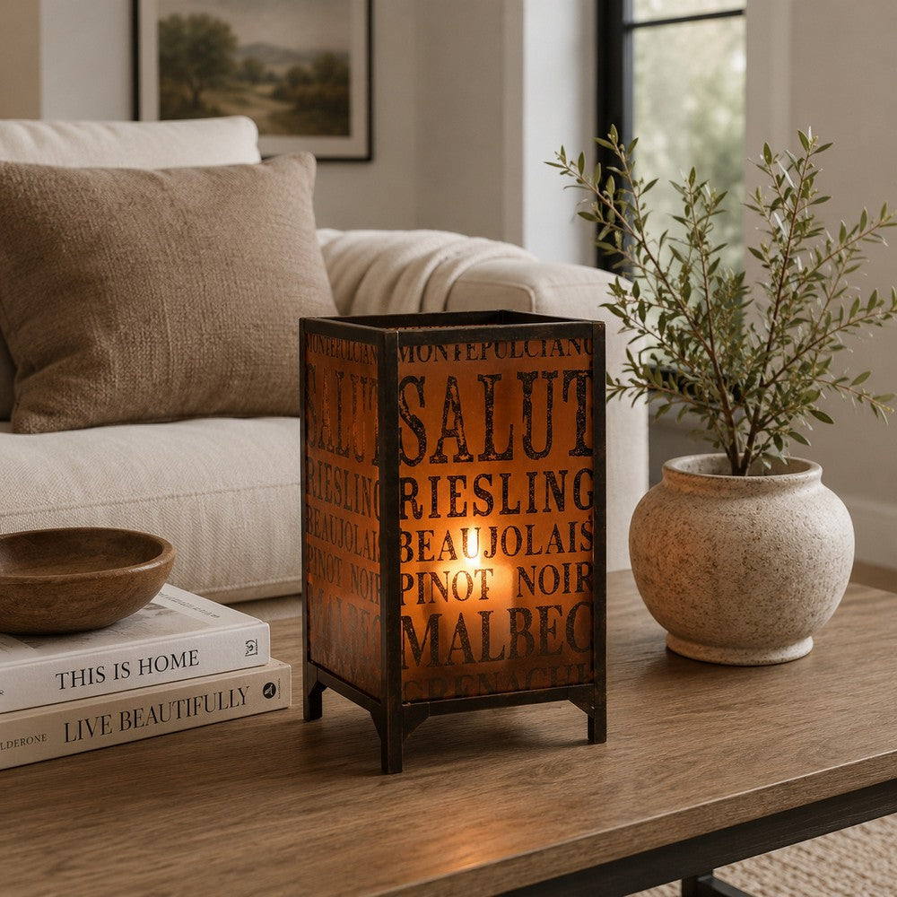 Cuboidal Metal and Glass Candleholder with Typography, Black and Clear - BM217295
