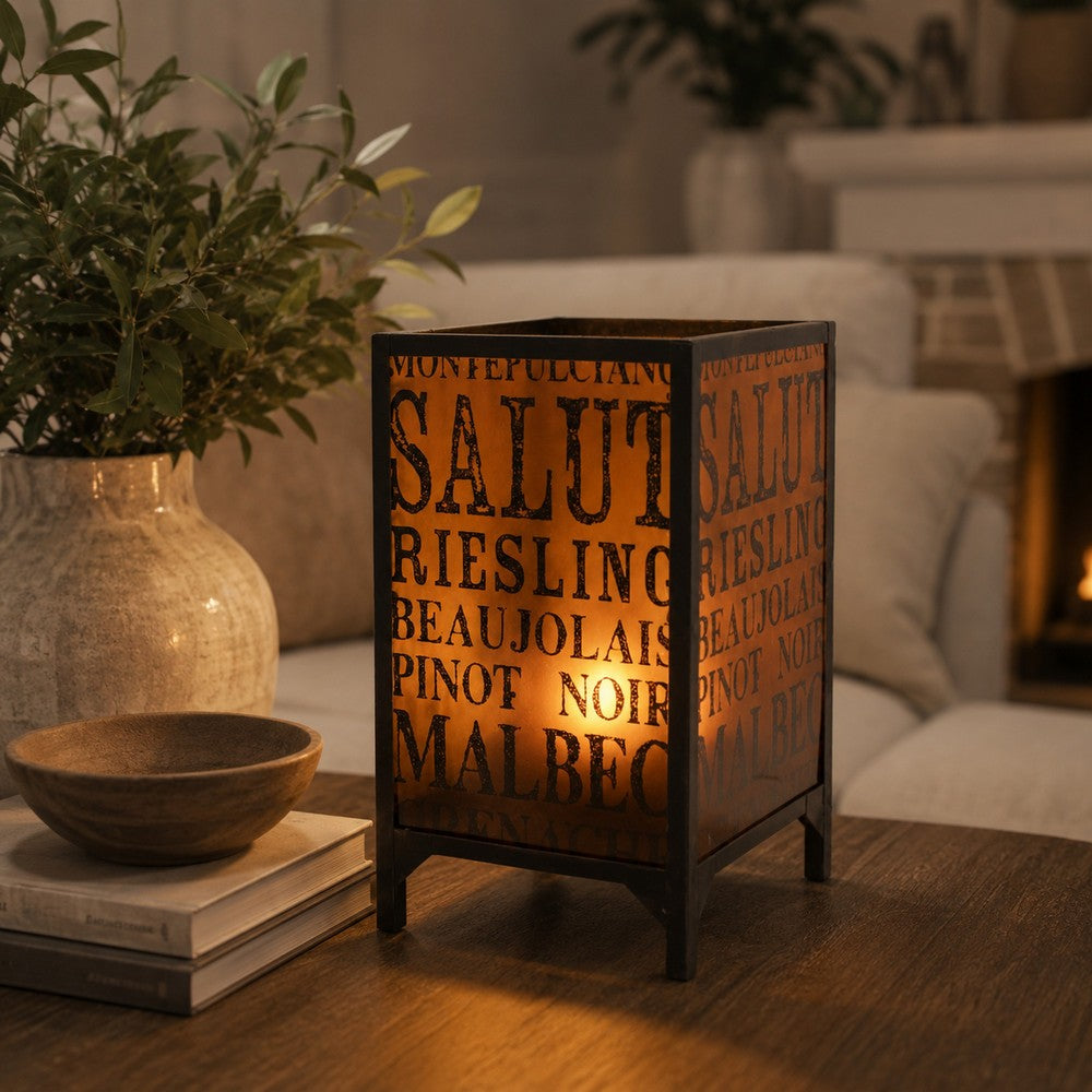 Cuboidal Metal and Glass Candleholder with Typography, Black and Clear - BM217295