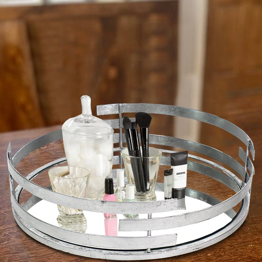 Round Metal Tray with Mirror Panel Inserts, Silver - BM217297