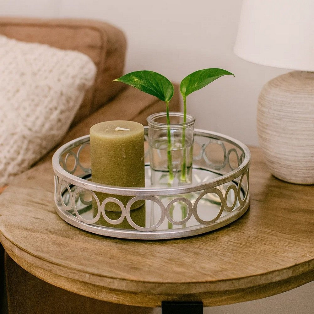 Round Metal Tray with Geometric Mirror Panel Inserts, Silver - BM217298