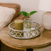 Round Metal Tray with Geometric Mirror Panel Inserts, Silver - BM217298