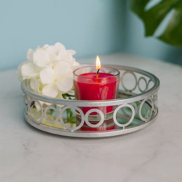 Round Metal Tray with Geometric Mirror Panel Inserts, Silver - BM217298