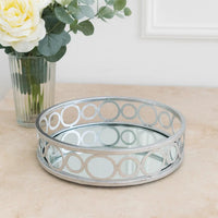 Round Metal Tray with Geometric Mirror Panel Inserts, Silver - BM217298