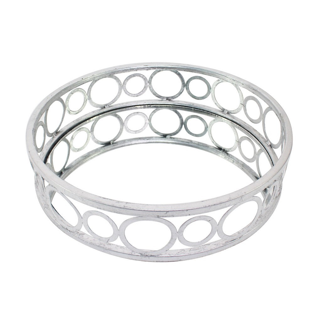 Round Metal Tray with Geometric Mirror Panel Inserts, Silver - BM217298