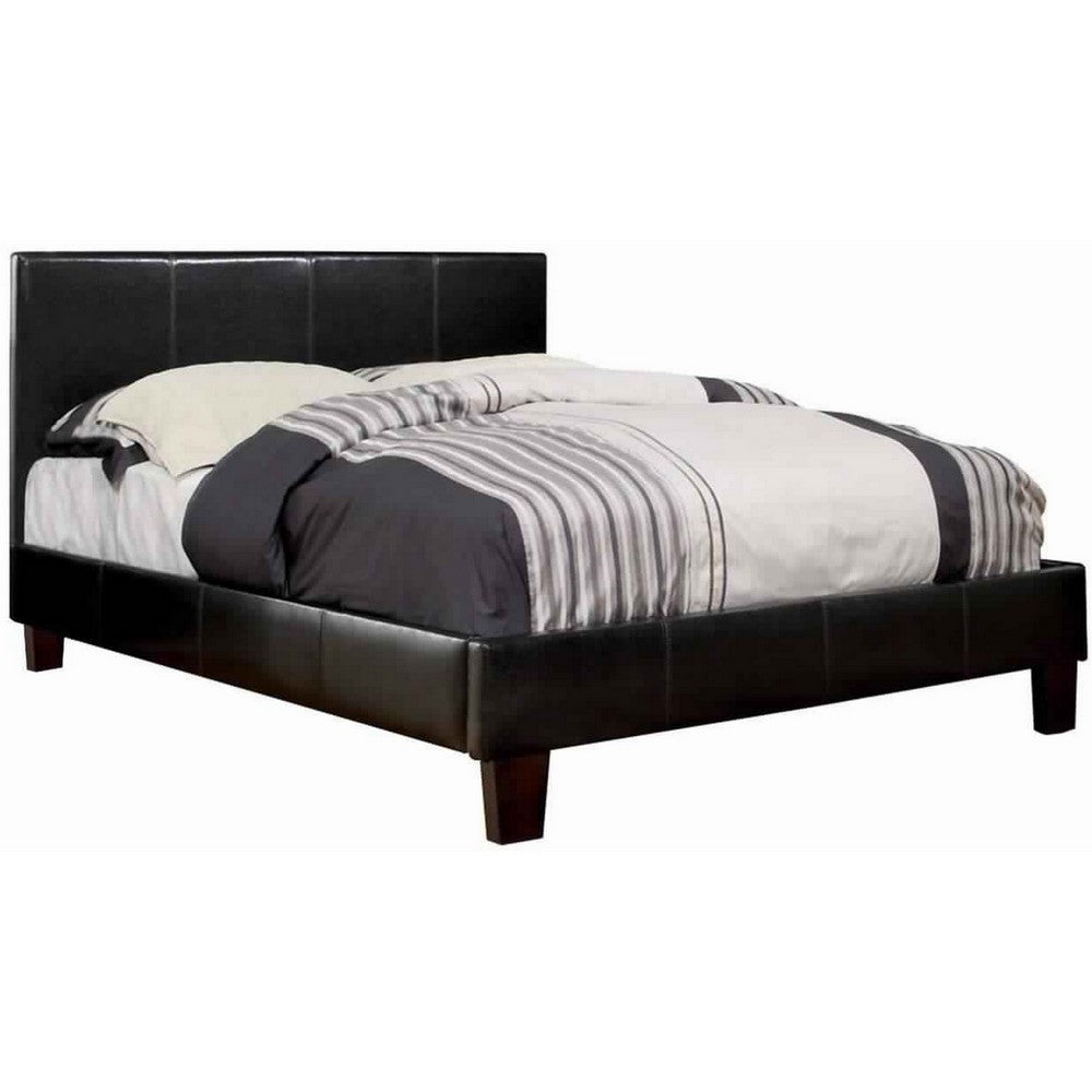 Leatherette Platform Style Queen Bed with Tapered Block Feet, Dark Brown - BM217429
