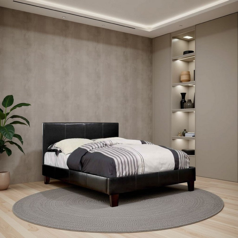 Leatherette Platform Style Queen Bed with Tapered Block Feet, Dark Brown - BM217429