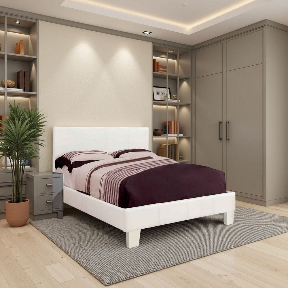 Leatherette Platform Style Queen Size Bed with Tapered Block Feet, White - BM217432