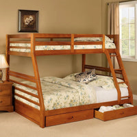 Transitional Style Twin Over Full Bunk Bed with Drawers, Oak Brown - BM217438