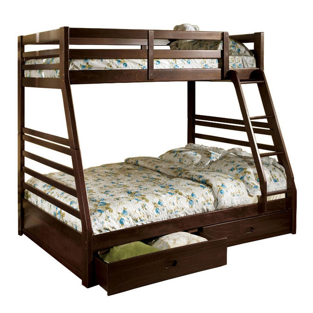 Transitional Style Twin Over Full Bunk Bed with Drawers, Walnut Brown - BM217439