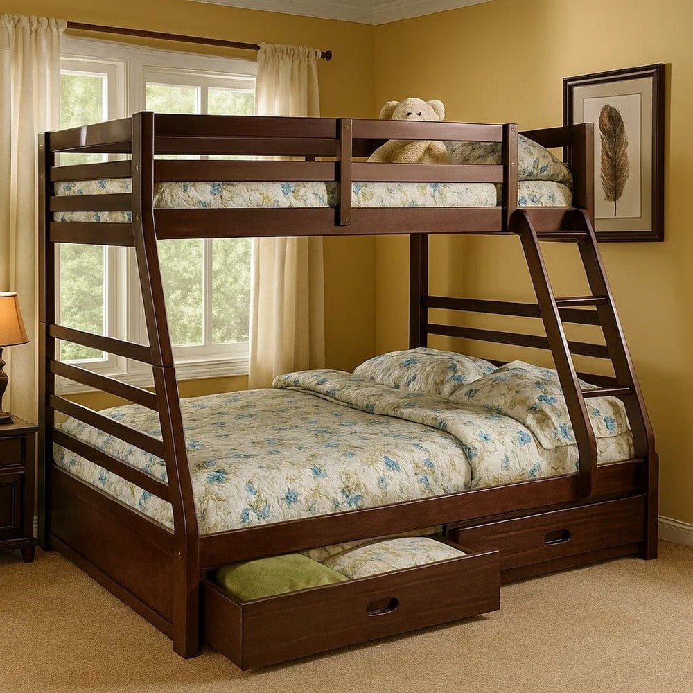 Transitional Style Twin Over Full Bunk Bed with Drawers, Walnut Brown - BM217439
