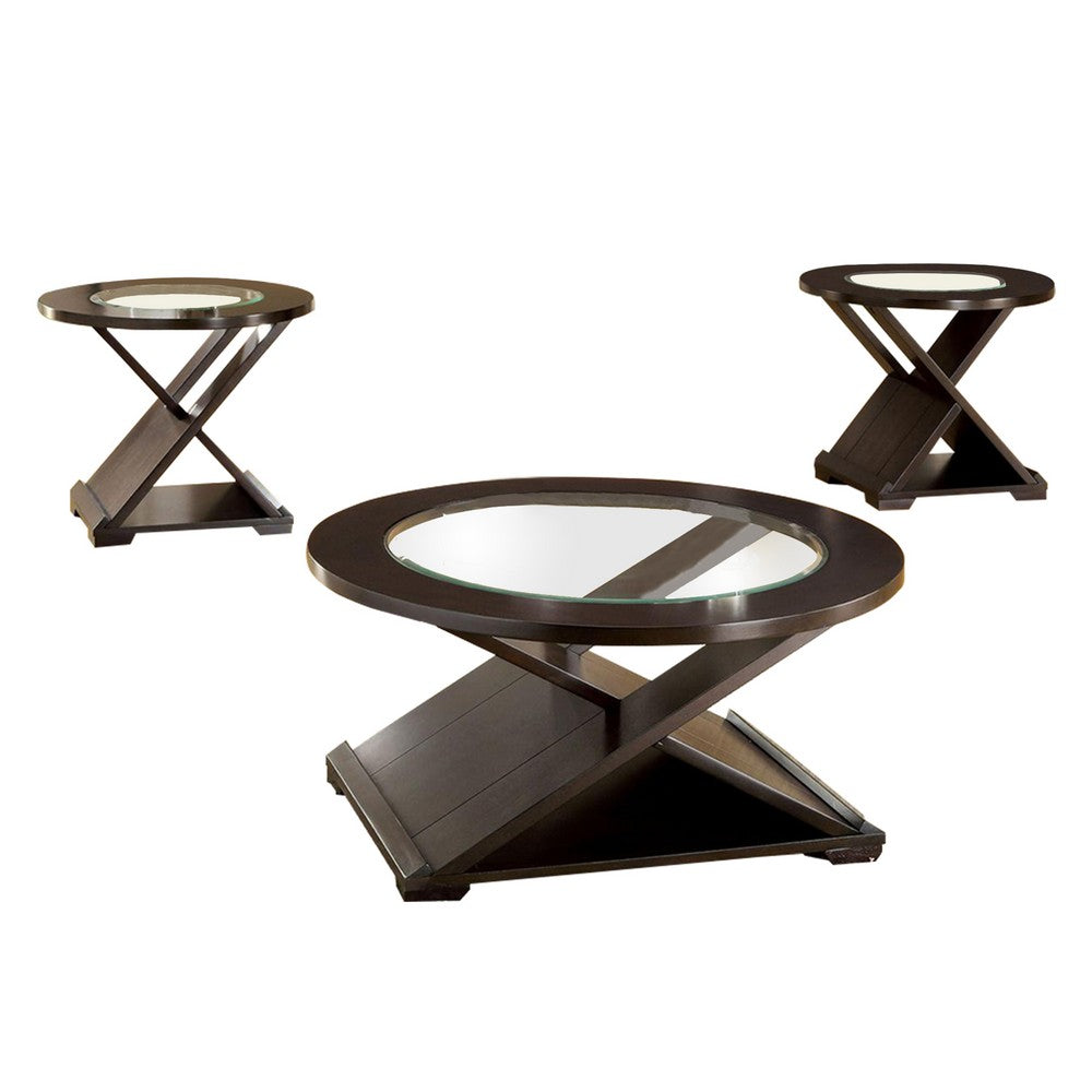 3 Piece Round Glass Coffee Table and End Table with X Shaped Base, Brown - BM217446