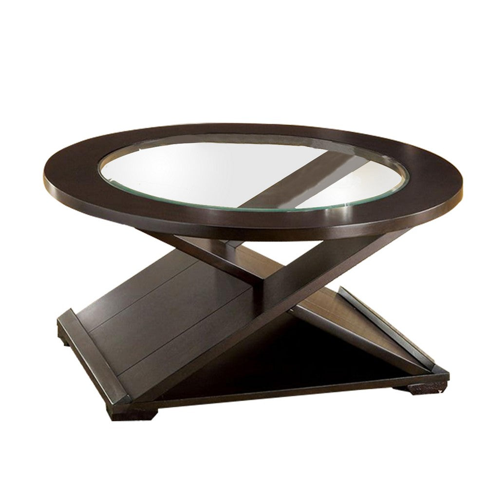 3 Piece Round Glass Coffee Table and End Table with X Shaped Base, Brown - BM217446