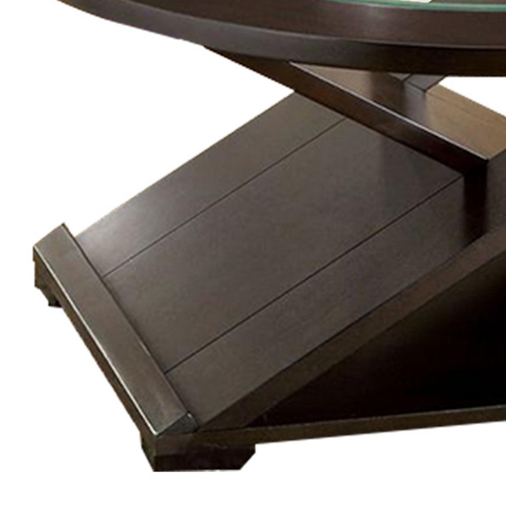 3 Piece Round Glass Coffee Table and End Table with X Shaped Base, Brown - BM217446