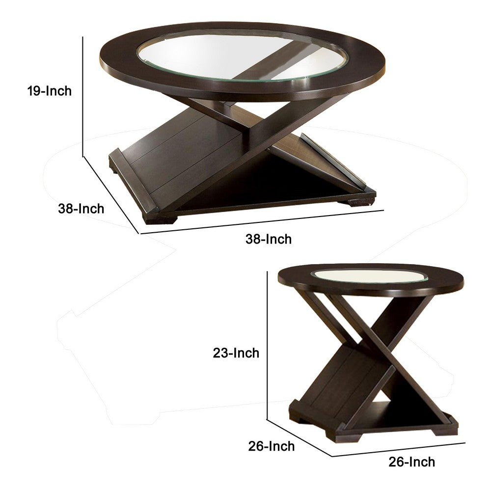 3 Piece Round Glass Coffee Table and End Table with X Shaped Base, Brown - BM217446