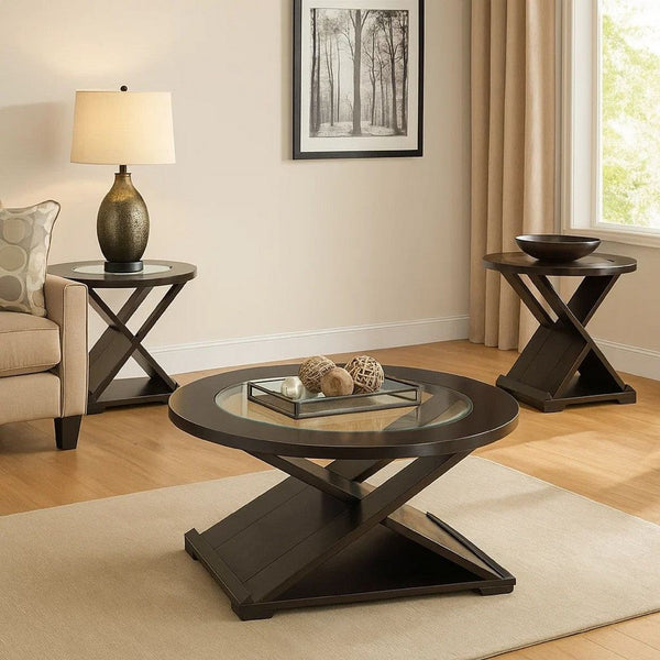 3 Piece Round Glass Coffee Table and End Table with X Shaped Base, Brown - BM217446