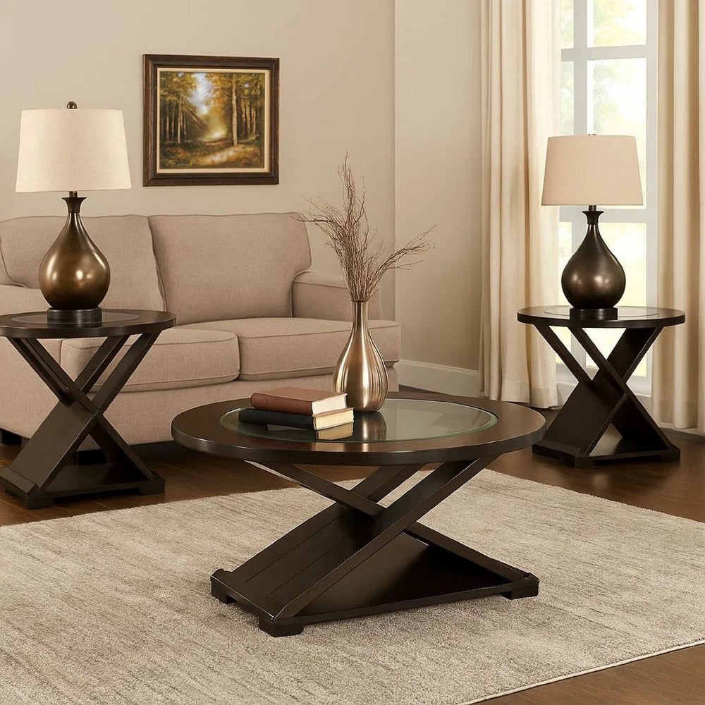 3 Piece Round Glass Coffee Table and End Table with X Shaped Base, Brown - BM217446