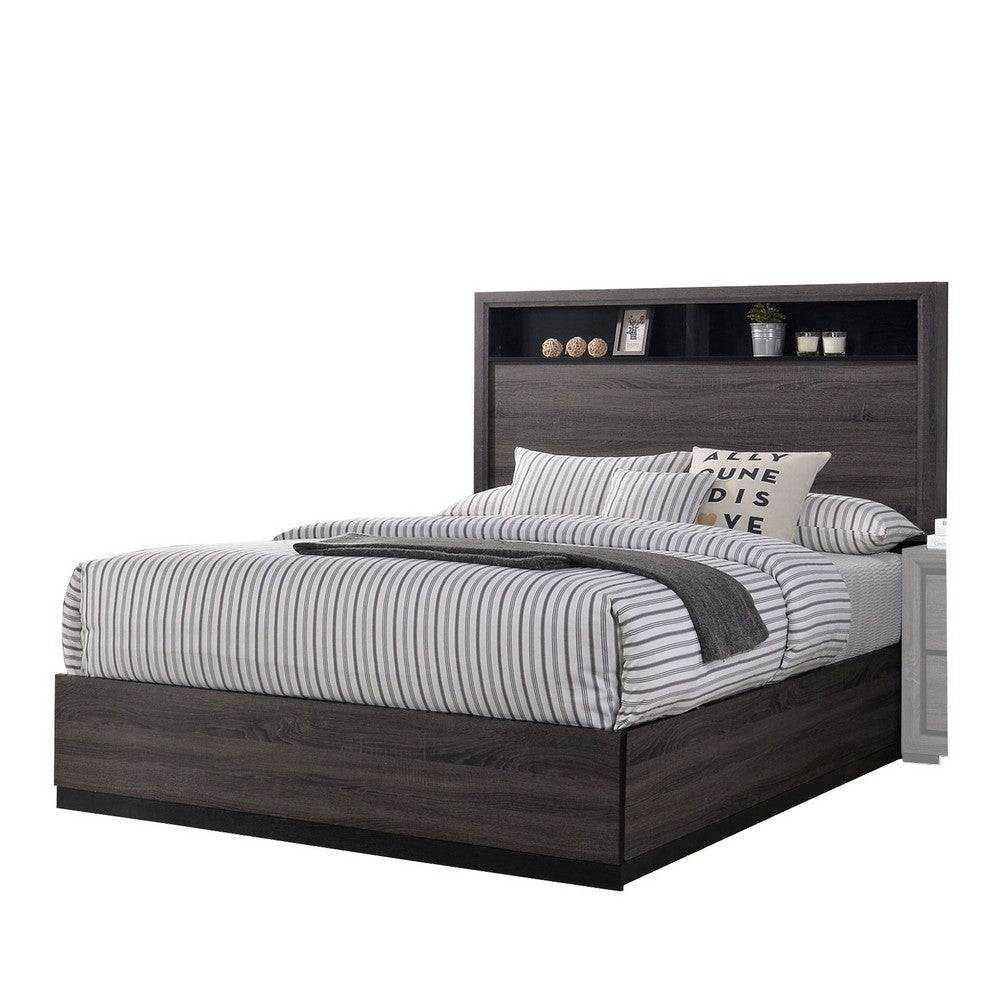 Transitional Wooden Queen Size Platform Bed with Bookcase Headboard, Gray - BM217467