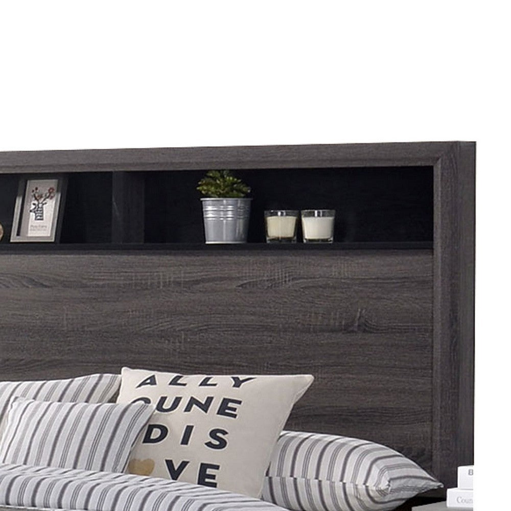 Transitional Wooden Queen Size Platform Bed with Bookcase Headboard, Gray - BM217467