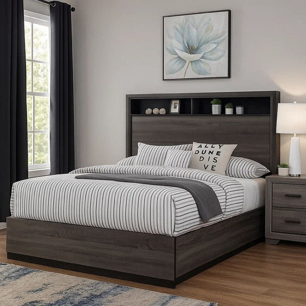 Transitional Wooden Queen Size Platform Bed with Bookcase Headboard, Gray - BM217467