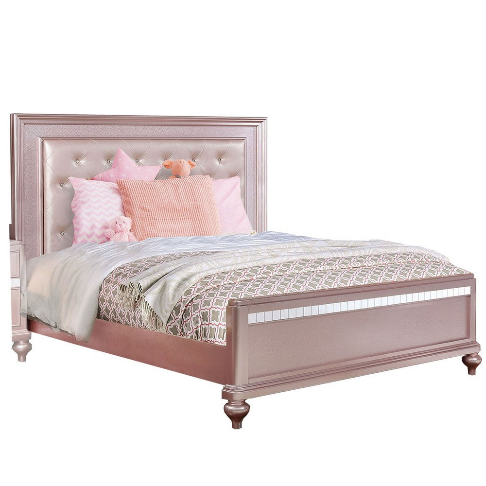 Button Tufted Full Size Bed with Leatherette Headboard, Rose Gold - BM217489
