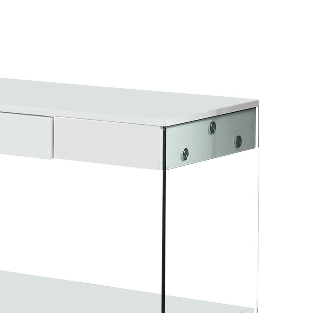 Contemporary Style Plastic TV Stand with Glass Side Panels, White - BM217503