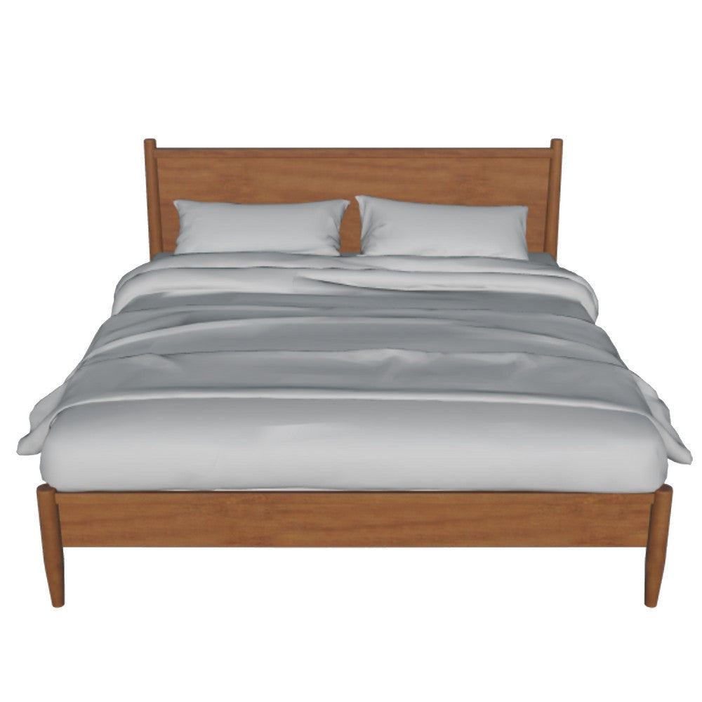 Mid Century Modern Wood Queen Bed, Round Tapered Legs, Oak Brown - BM217703