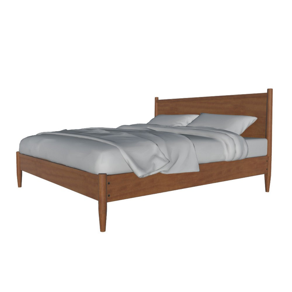 Mid Century Modern Wood Queen Bed, Round Tapered Legs, Oak Brown - BM217703