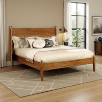 Mid Century Modern Wood Queen Bed, Round Tapered Legs, Oak Brown - BM217703