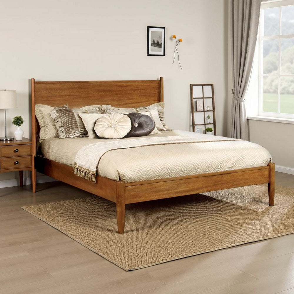 Mid Century Modern Wood Queen Bed, Round Tapered Legs, Oak Brown - BM217703