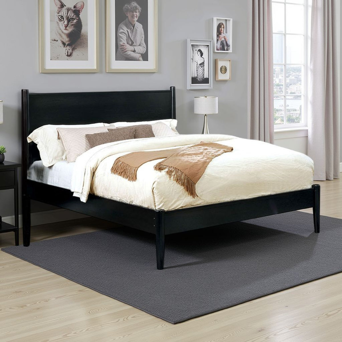 Mid Century Modern Wood Queen Bed with Round Tapered Legs, Black