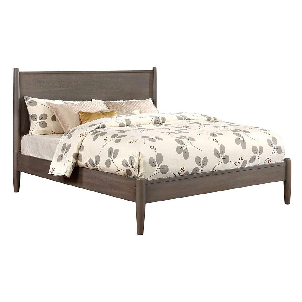 Mid Century Modern Wood Queen Bed with Round Tapered Legs, Gray - BM217705