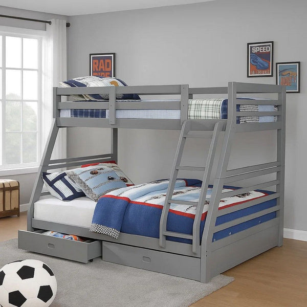 Transitional Twin Over Full Bed with Attached Ladder and Drawers, Dark Gray - BM217723