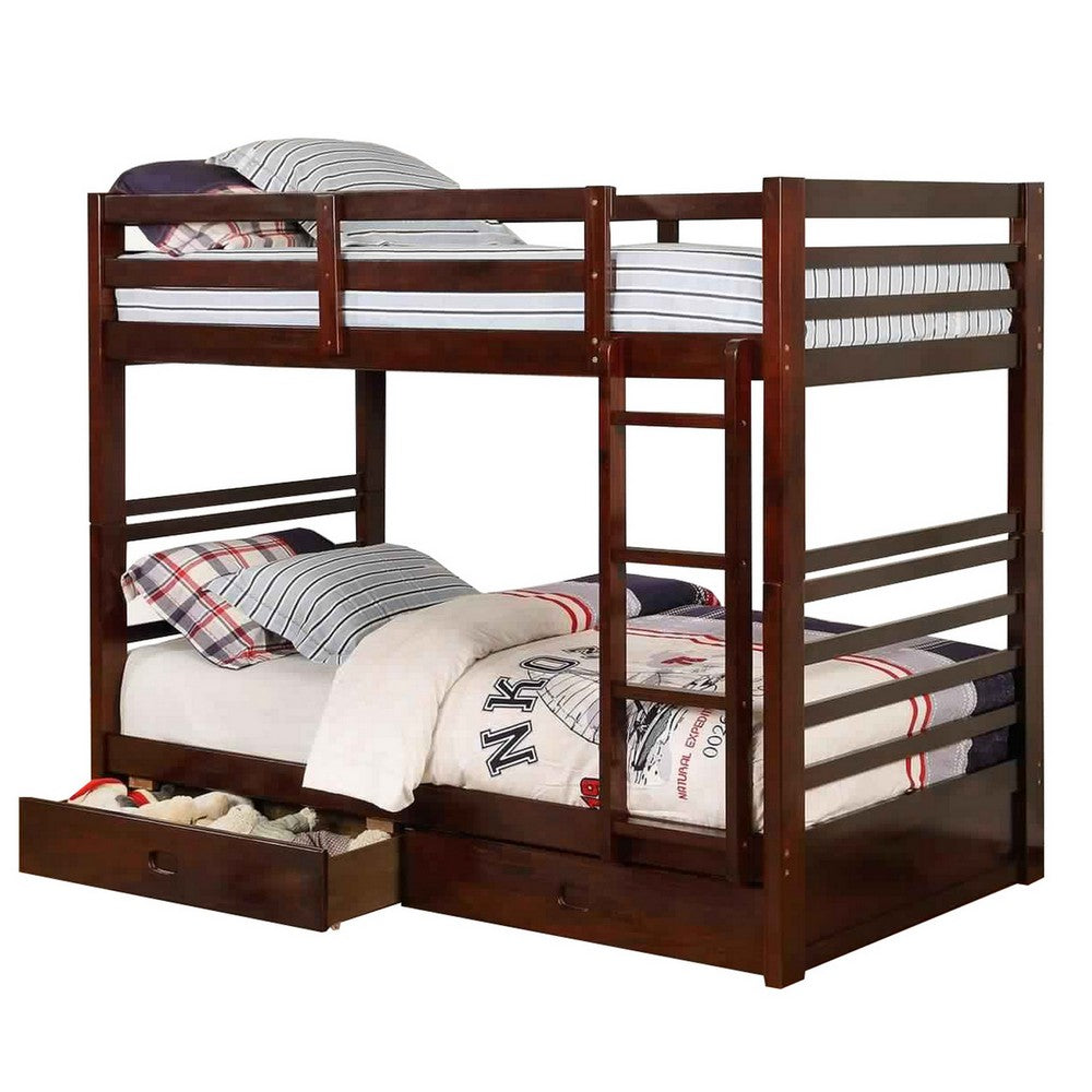 Transitional Twin Over Twin Bed with Attached Ladder and Drawers, Brown - BM217724