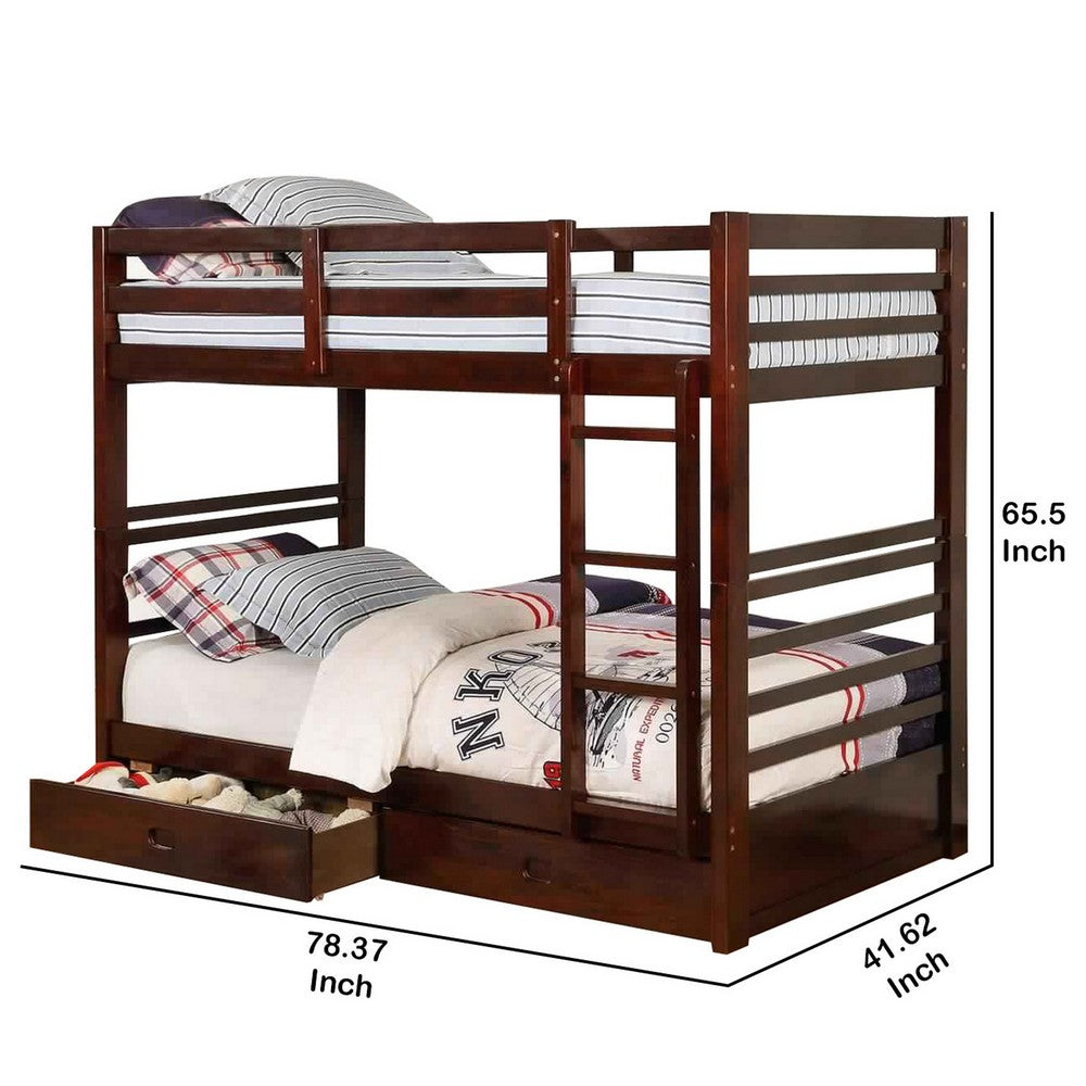 Transitional Twin Over Twin Bed with Attached Ladder and Drawers, Brown - BM217724