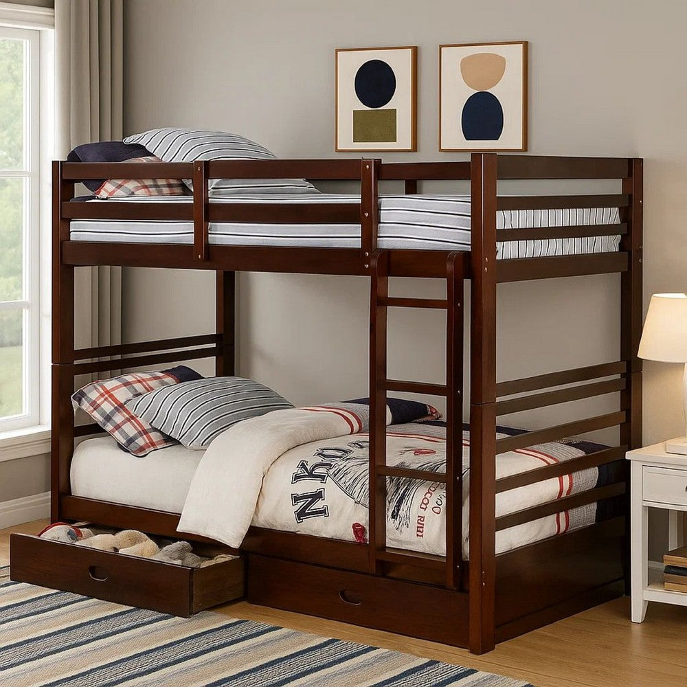 Transitional Twin Over Twin Bed with Attached Ladder and Drawers, Brown - BM217724
