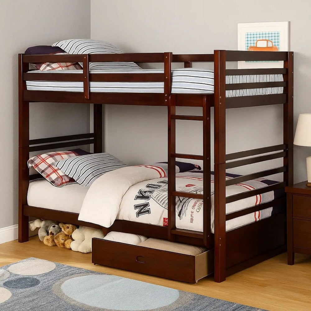 Transitional Twin Over Twin Bed with Attached Ladder and Drawers, Brown - BM217724