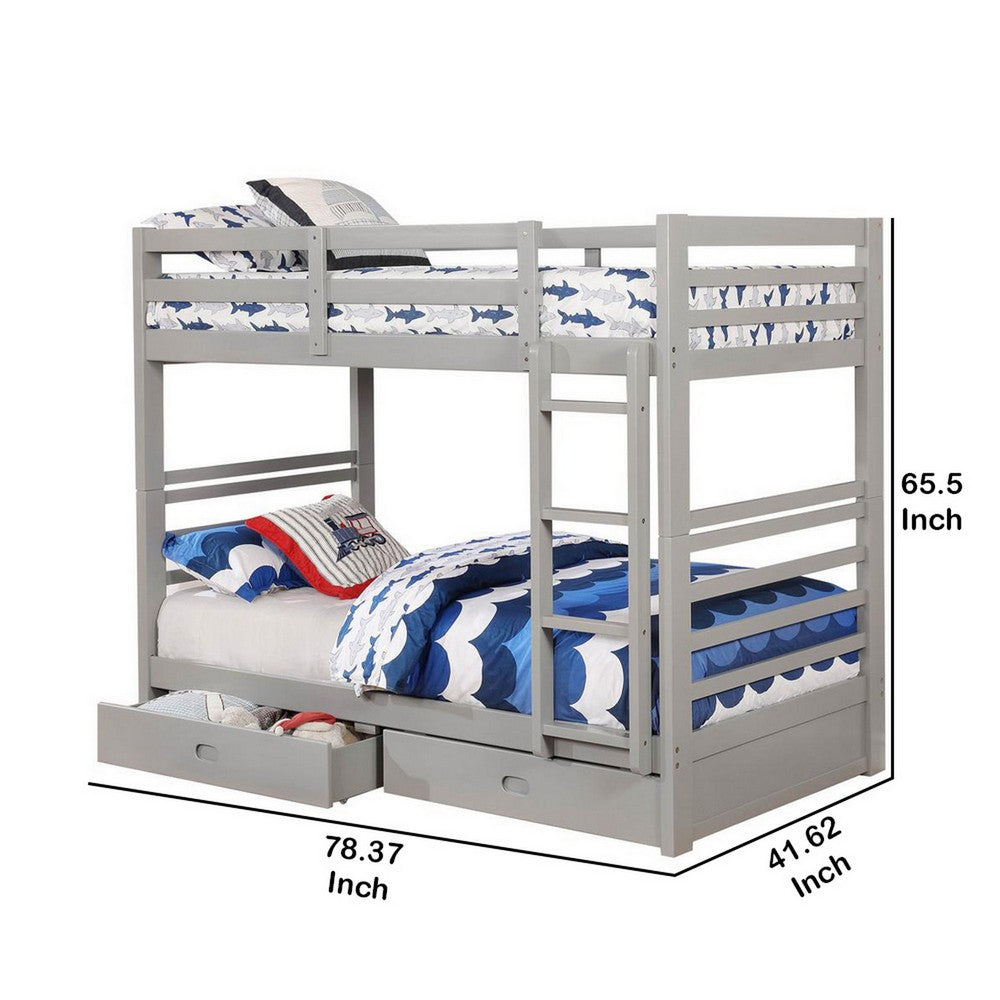 Transitional Twin Over Twin Bed with Attached Ladder and Drawers, Gray - BM217725