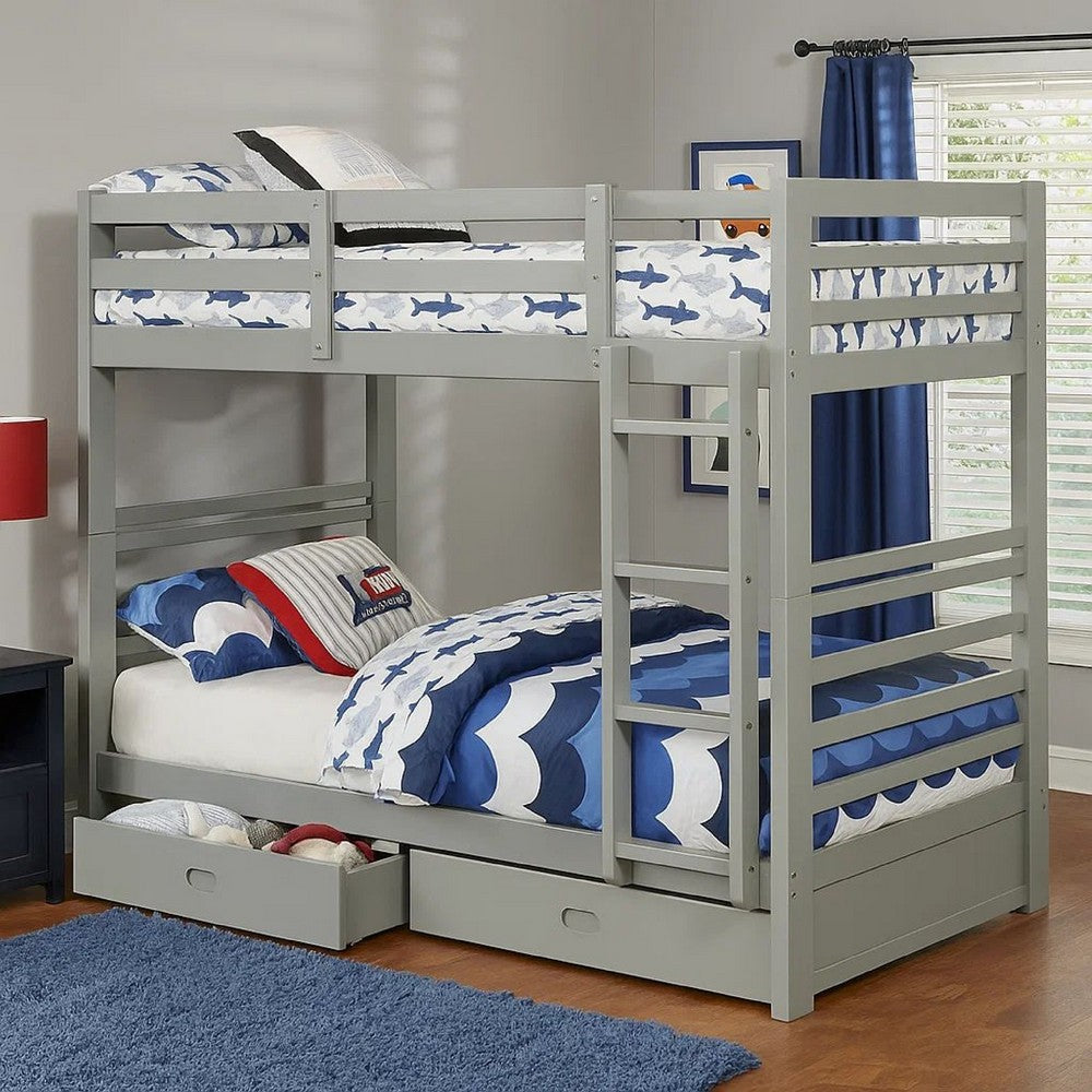 Transitional Twin Over Twin Bed with Attached Ladder and Drawers, Gray - BM217725