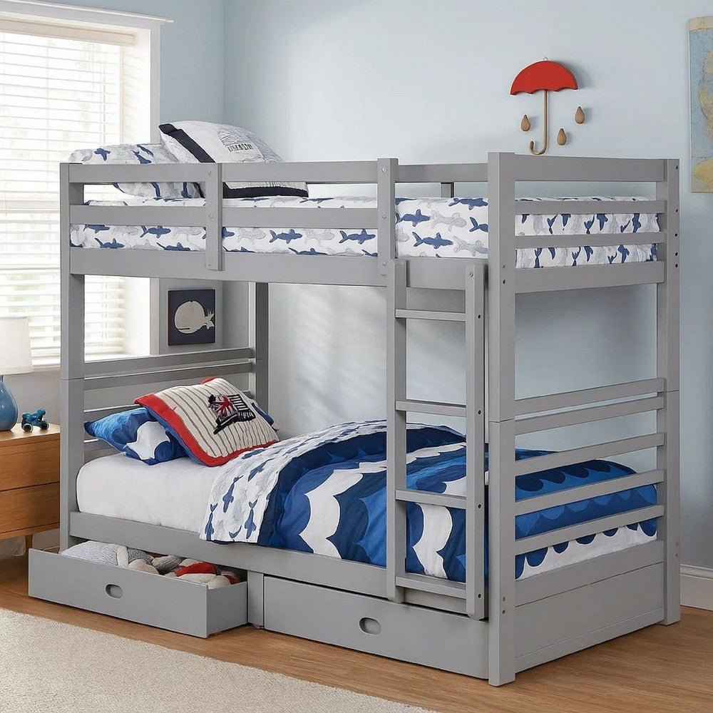Transitional Twin Over Twin Bed with Attached Ladder and Drawers, Gray - BM217725