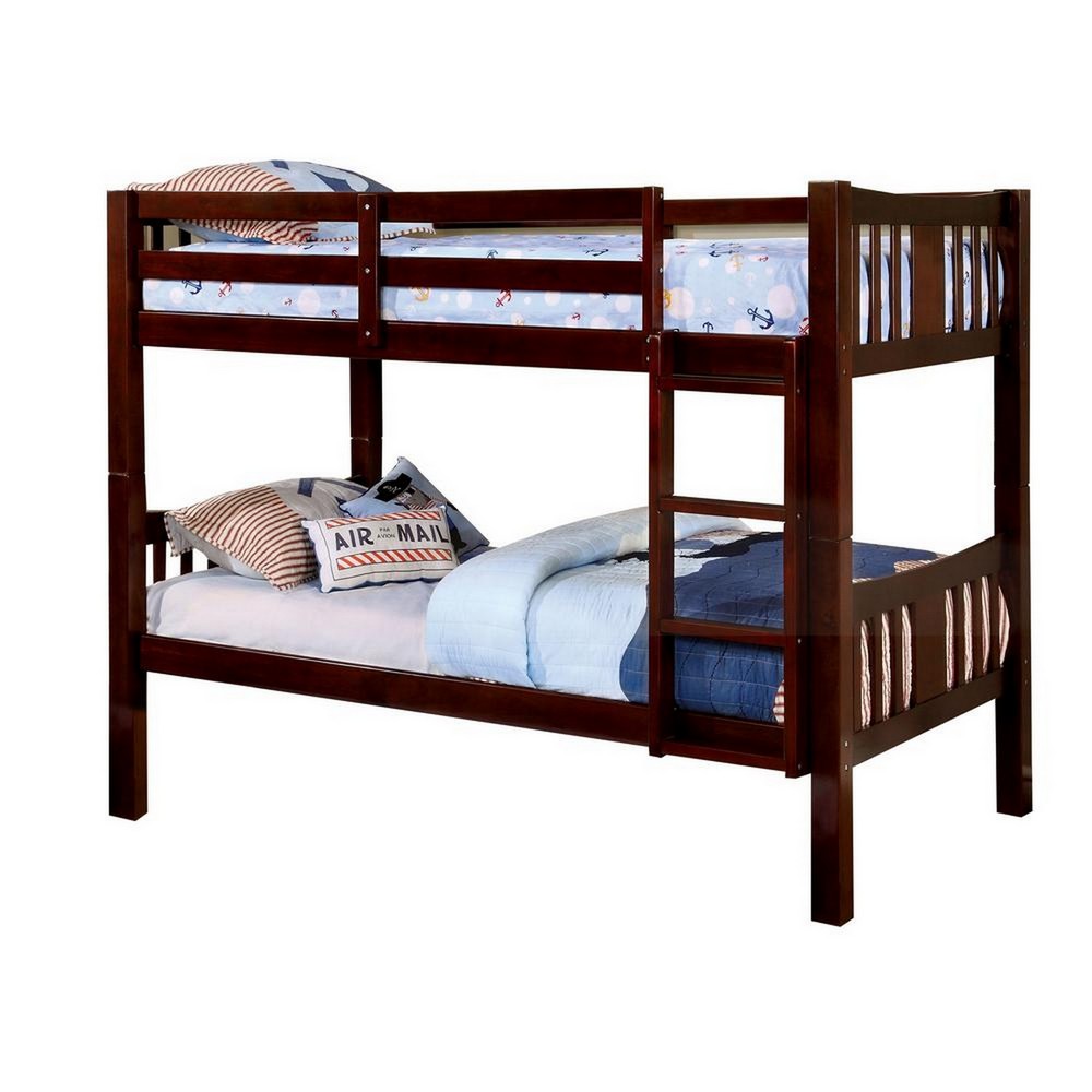 Slatted Twin Over Twin Bunk Bed with Attached Ladder, Espresso Brown - BM217745