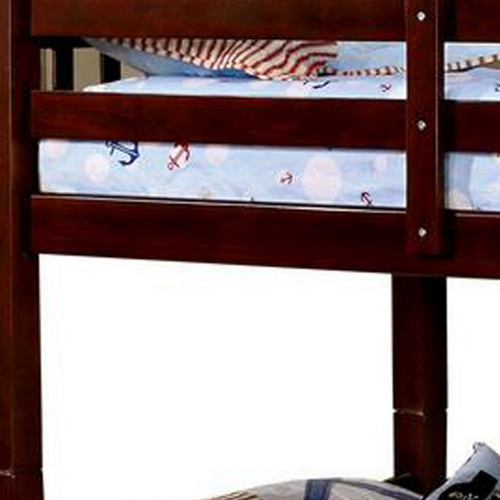 Slatted Twin Over Twin Bunk Bed with Attached Ladder, Espresso Brown - BM217745