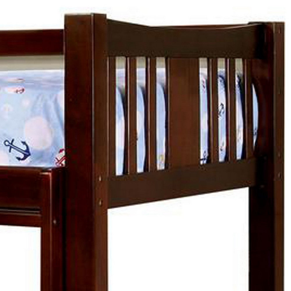 Slatted Twin Over Twin Bunk Bed with Attached Ladder, Espresso Brown - BM217745