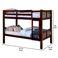Slatted Twin Over Twin Bunk Bed with Attached Ladder, Espresso Brown - BM217745