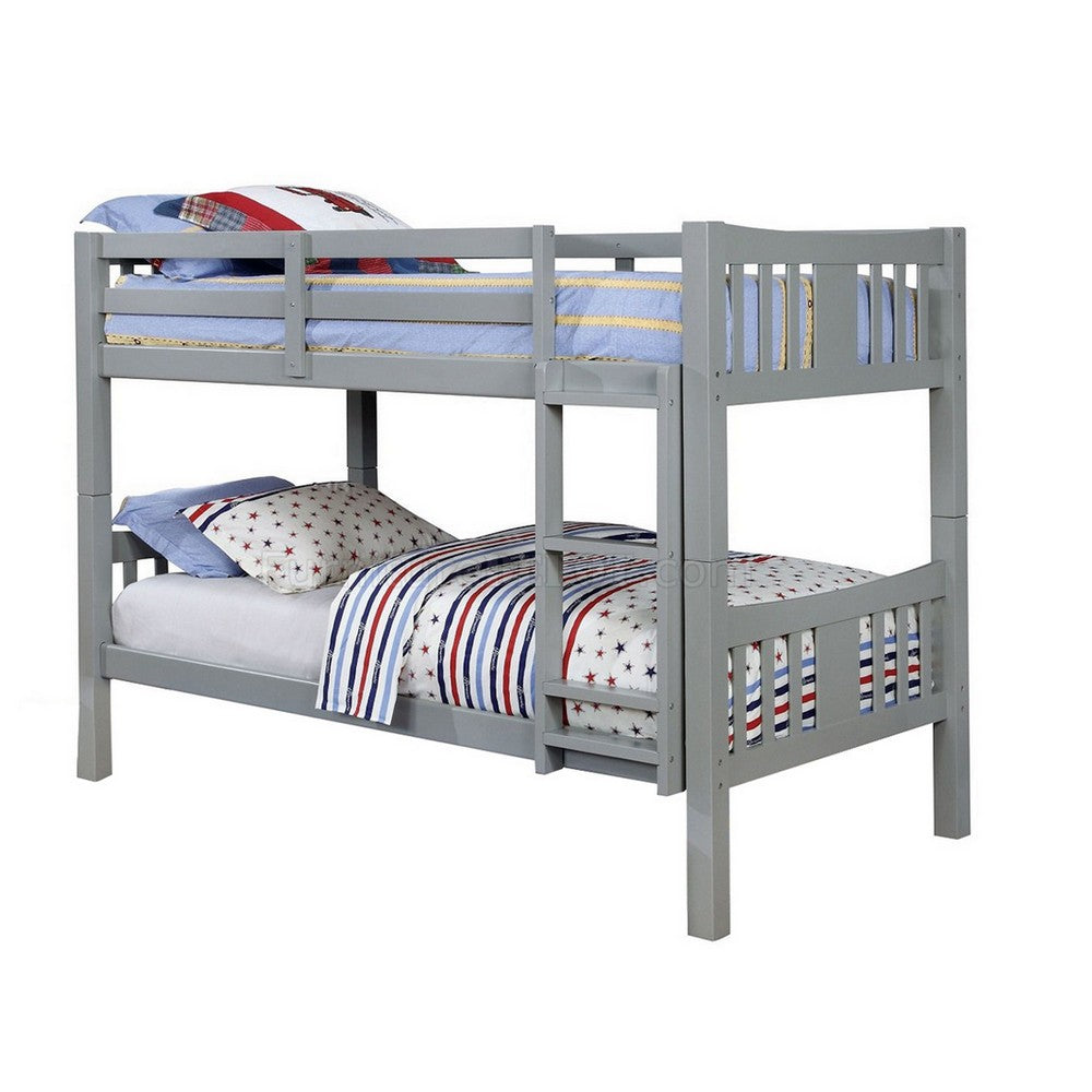 Slatted Twin Over Twin Bunk Bed with Attached Ladder, Gray - BM217748