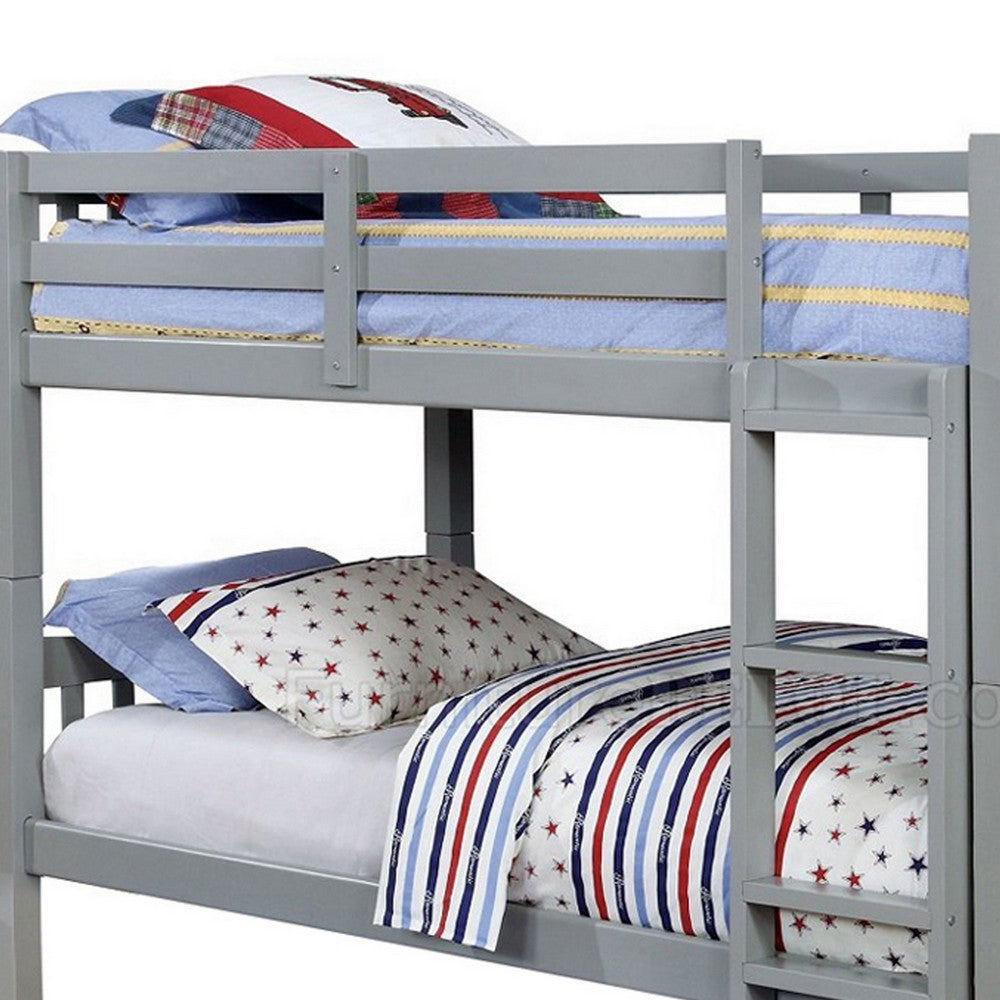 Slatted Twin Over Twin Bunk Bed with Attached Ladder, Gray - BM217748