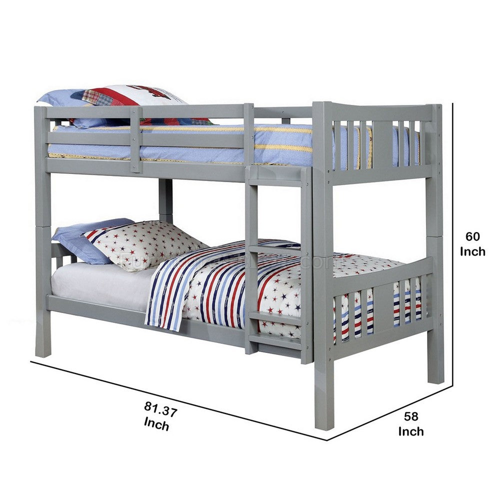 Slatted Twin Over Twin Bunk Bed with Attached Ladder, Gray - BM217748