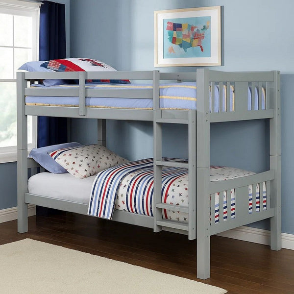 Slatted Twin Over Twin Bunk Bed with Attached Ladder, Gray - BM217748