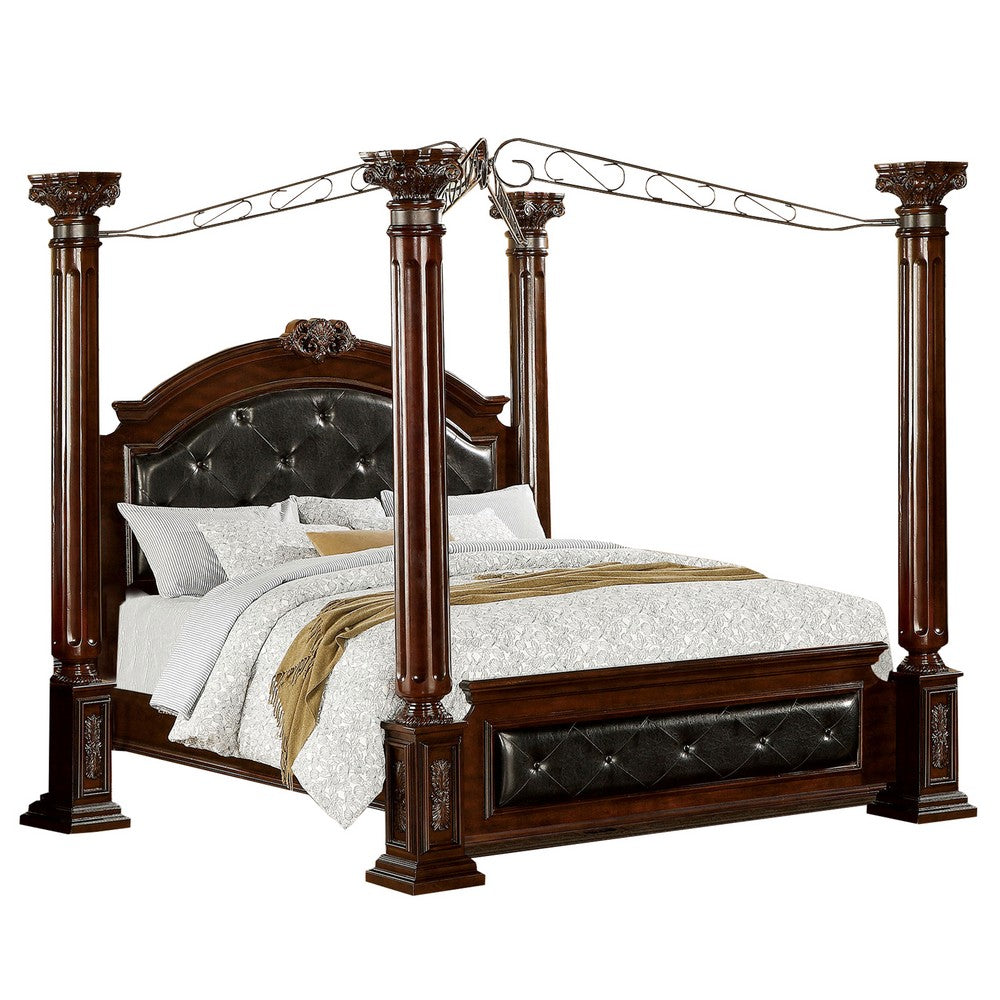 Queen Canopy Bed with Leatherette Headboard and Footboard, Black and Brown - BM217767